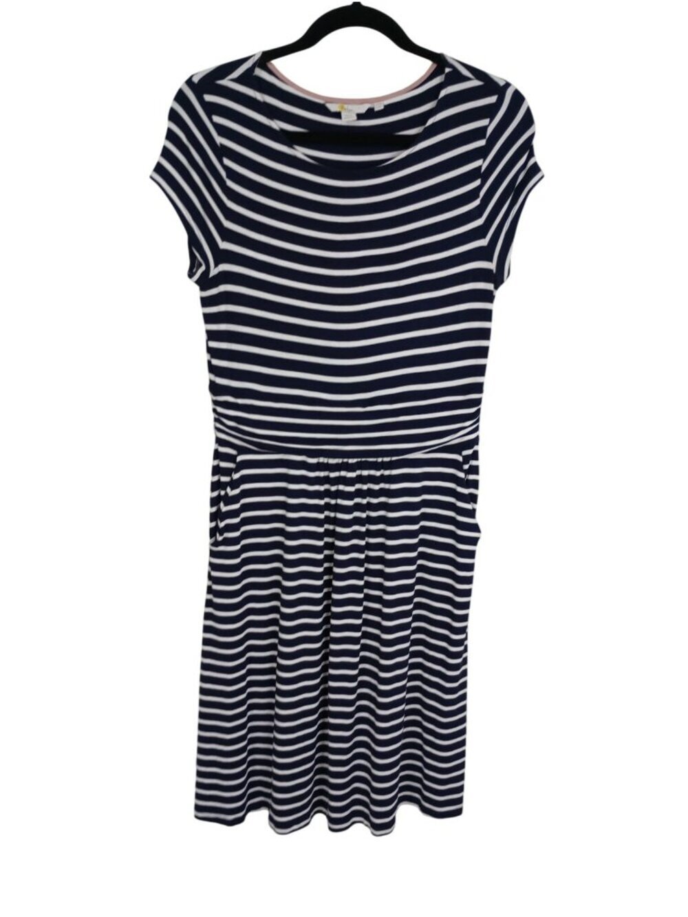 Navy & White Striped Boden Women Dress Short Sleeve Elastic Waist Sz US 8R Soft